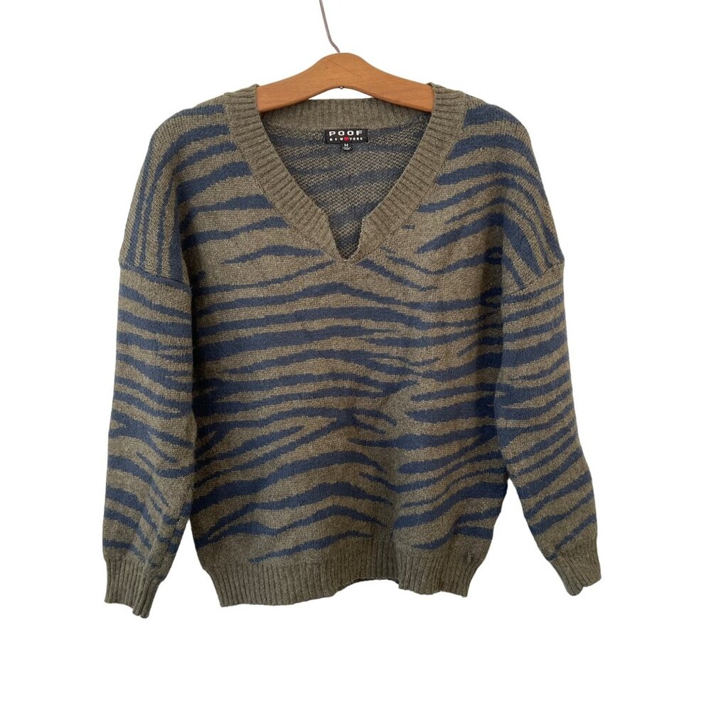 Poof New York Zebra Stripe Sweater Medium Green Navy V-Neck Soft Knit Pullover